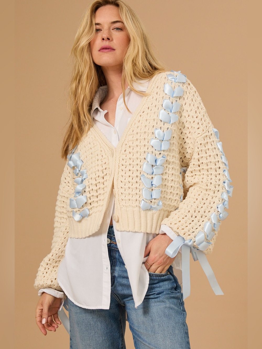 NEW ALTAR’D STATE Carla Bow Cardigan Sweater Cream Knit Size Medium